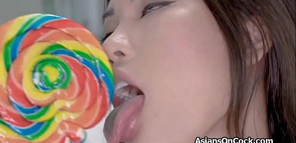  Big tit Asian swaps lollipop for hard cock